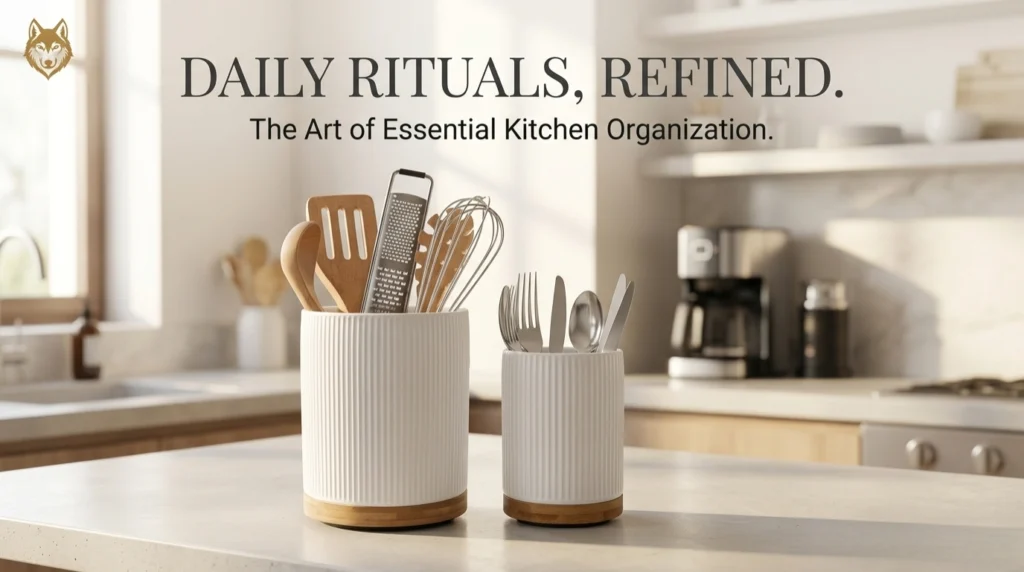 A pair of white fluted ceramic kitchen utensil crocks with wooden bases displayed on a countertop under the text "Daily Rituals, Refined."