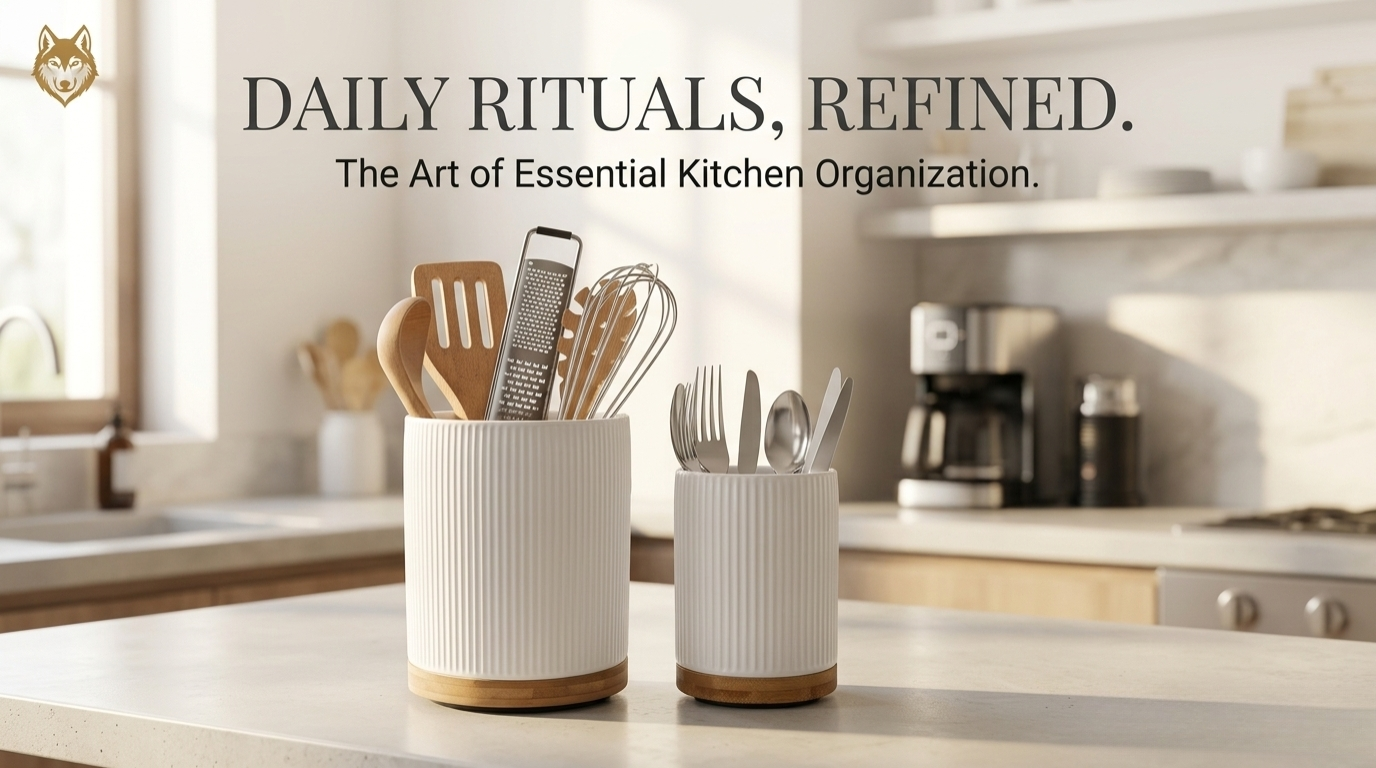A pair of white fluted ceramic kitchen utensil crocks with wooden bases displayed on a countertop under the text "Daily Rituals, Refined."