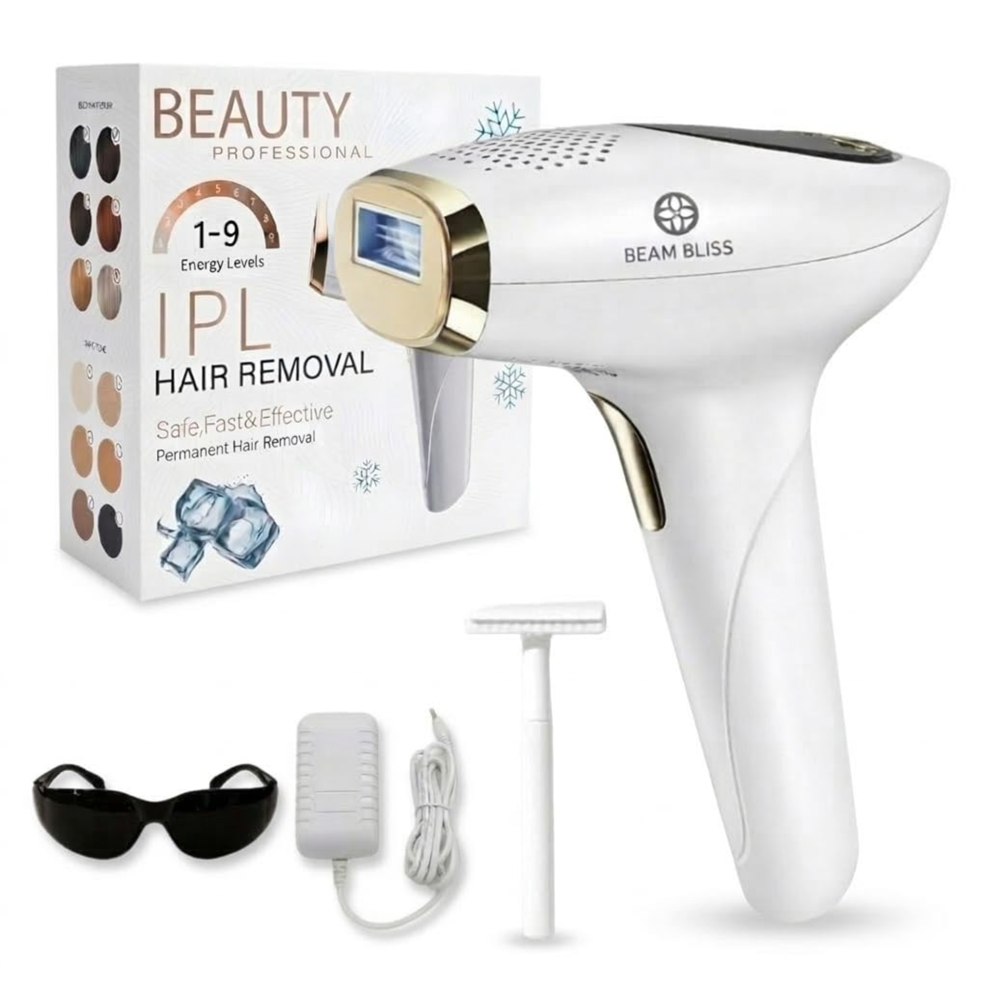 Beam Bliss professional IPL hair removal handset in white and gold, shown with its original packaging, safety glasses, power adapter, and a manual razor.