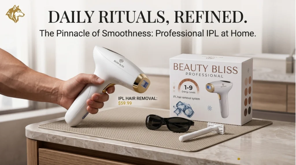 Hand holding a white and gold Beauty Bliss IPL hair removal device over a vanity mat, featuring the product box, safety glasses, and a razor with the text "Daily Rituals, Refined."