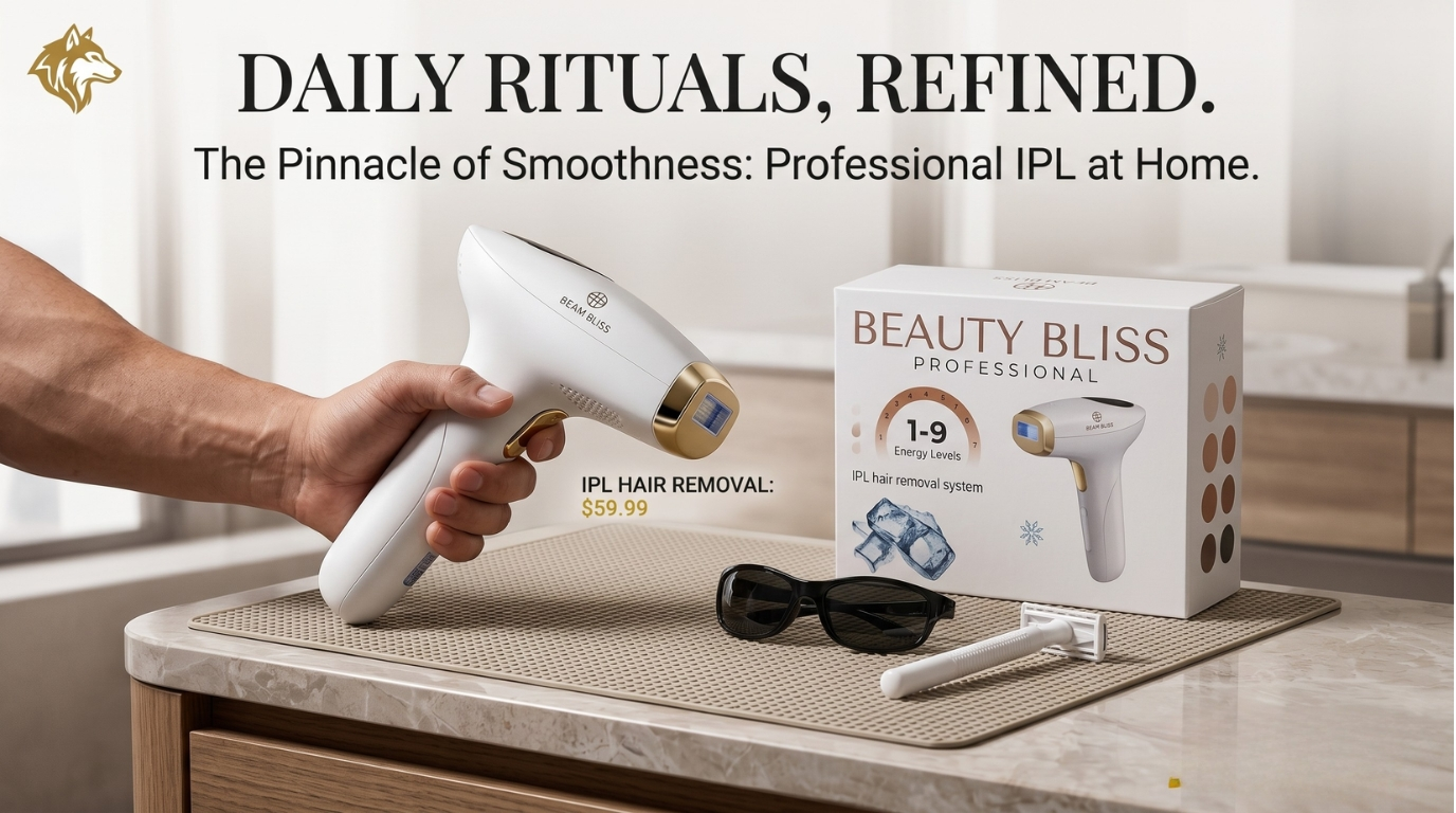 Hand holding a white and gold Beauty Bliss IPL hair removal device over a vanity mat, featuring the product box, safety glasses, and a razor with the text "Daily Rituals, Refined."