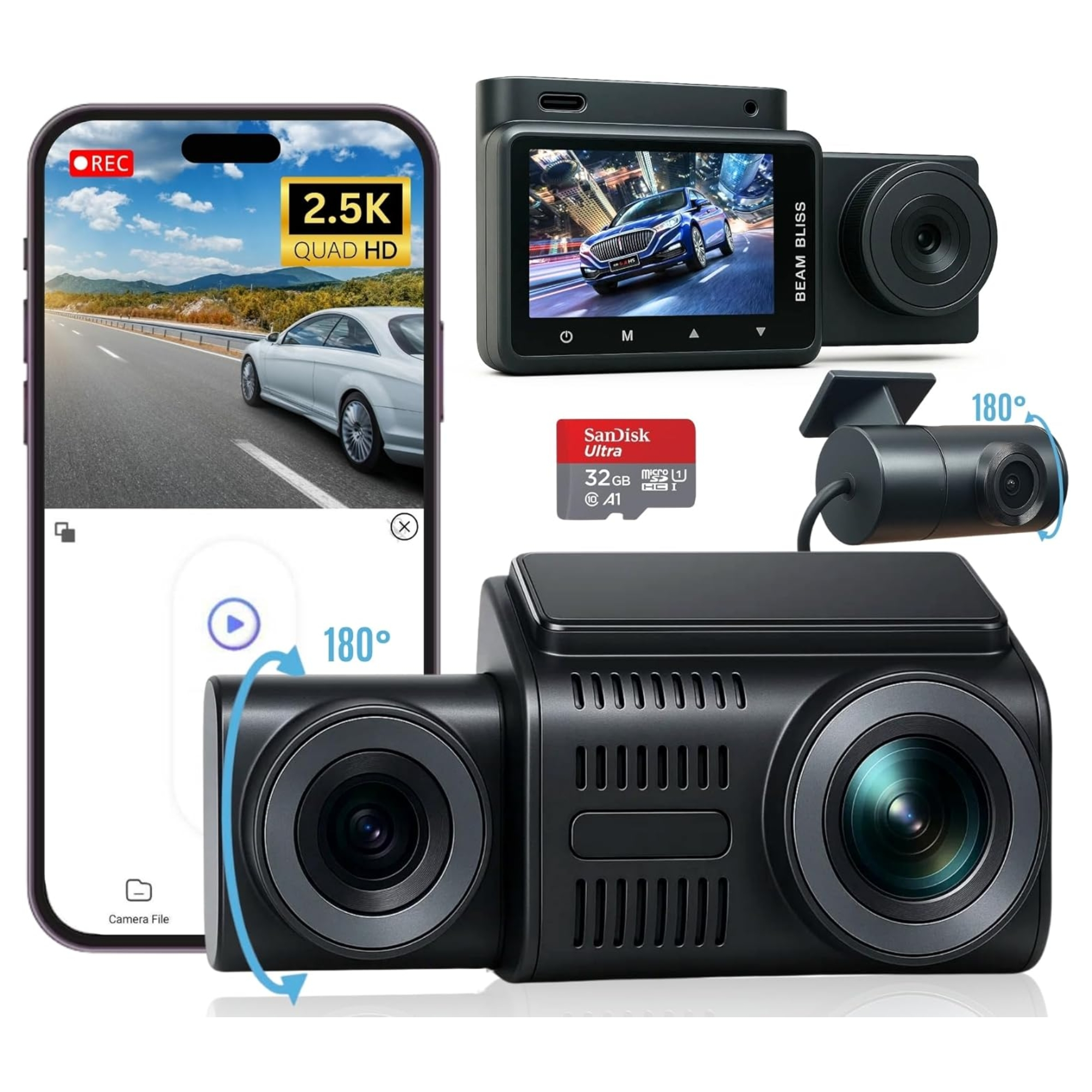 Three-channel dash camera system featuring a front 2.5K Ultra HD lens, an adjustable interior cabin camera, and a rear camera with a smartphone app interface and 32GB SD card.