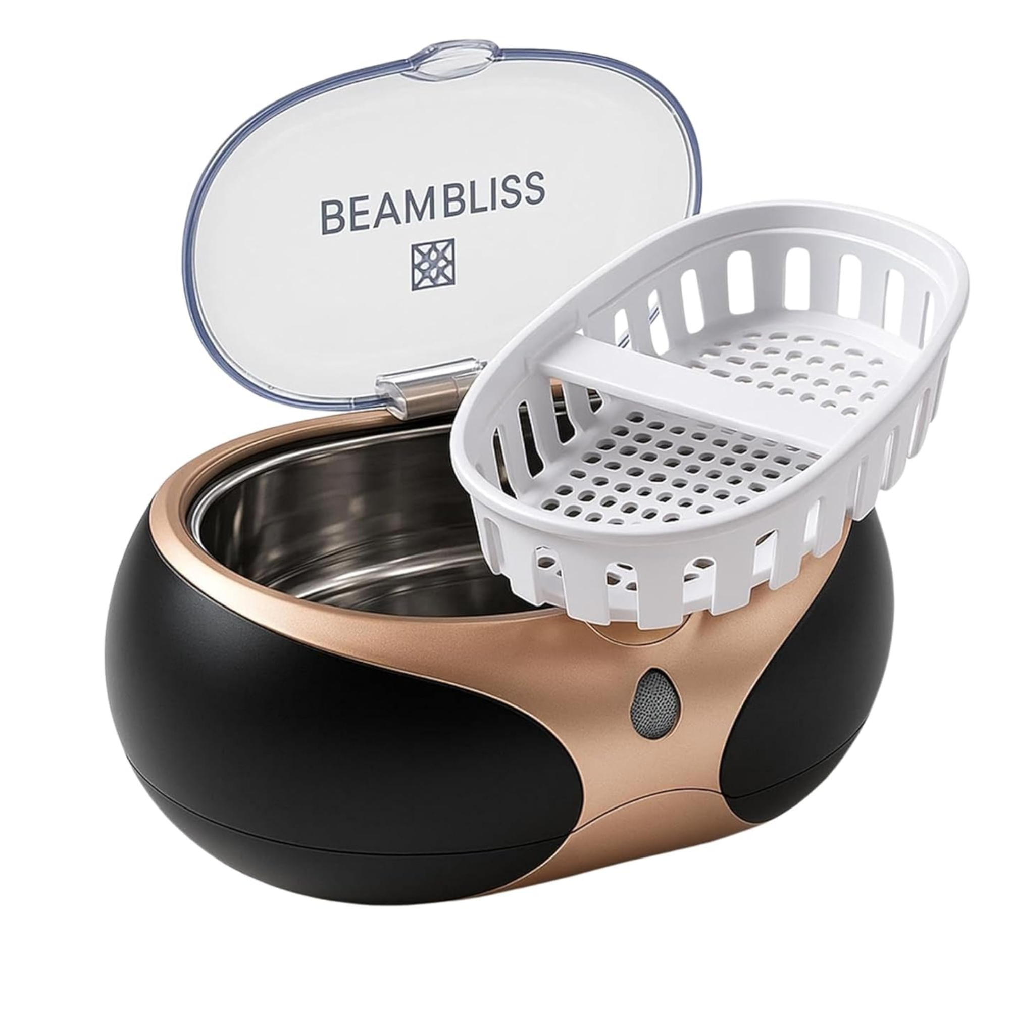 BeamBliss ultrasonic cleaner in black and rose gold with an open lid, showing the stainless steel interior tank and a removable white plastic strainer basket.