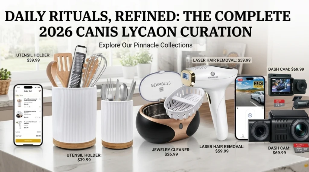 Product collage banner featuring a ceramic utensil holder set, an ultrasonic jewelry cleaner, and a laser hair removal handset under the heading "Rituals, Refined: The Canis Lycaon Curation."