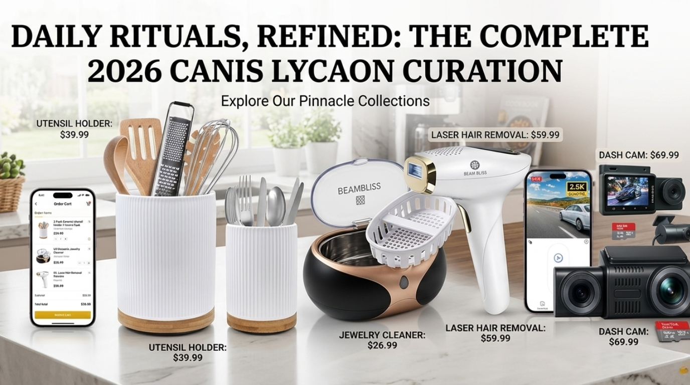 Product collage banner featuring a ceramic utensil holder set, an ultrasonic jewelry cleaner, and a laser hair removal handset under the heading "Rituals, Refined: The Canis Lycaon Curation."