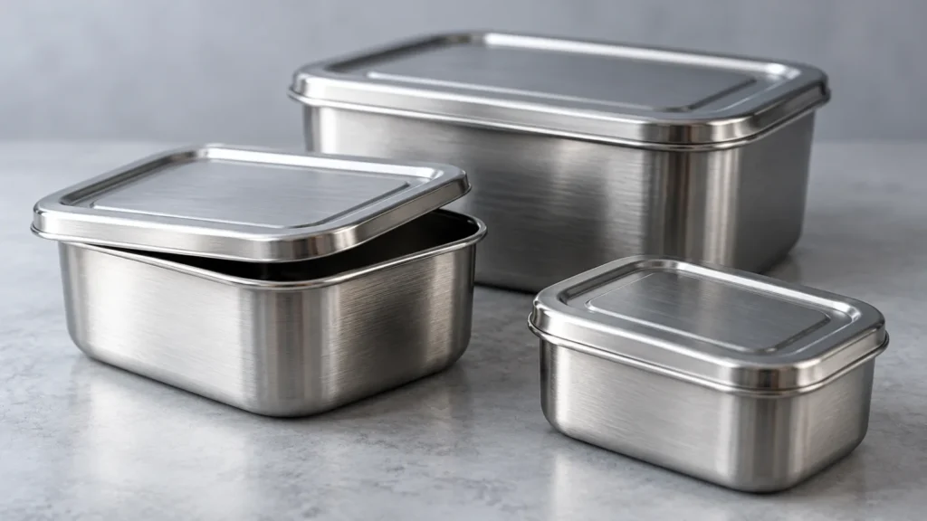Brushed stainless steel food storage containers showing metal grade differences