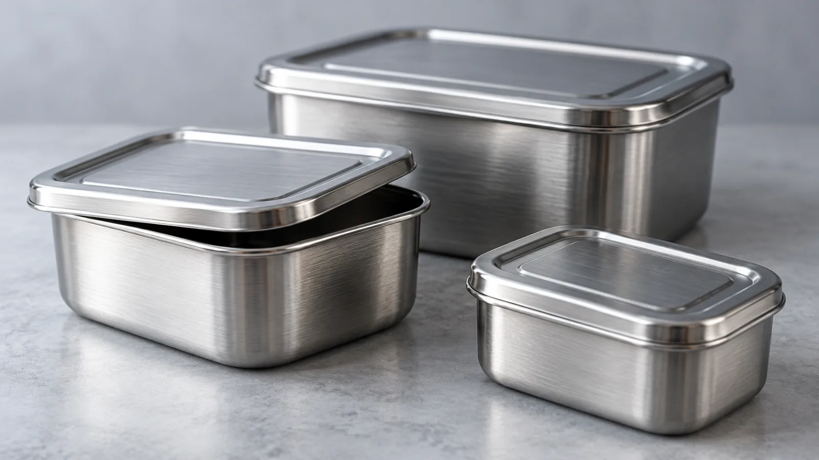 Brushed stainless steel food storage containers showing metal grade differences
