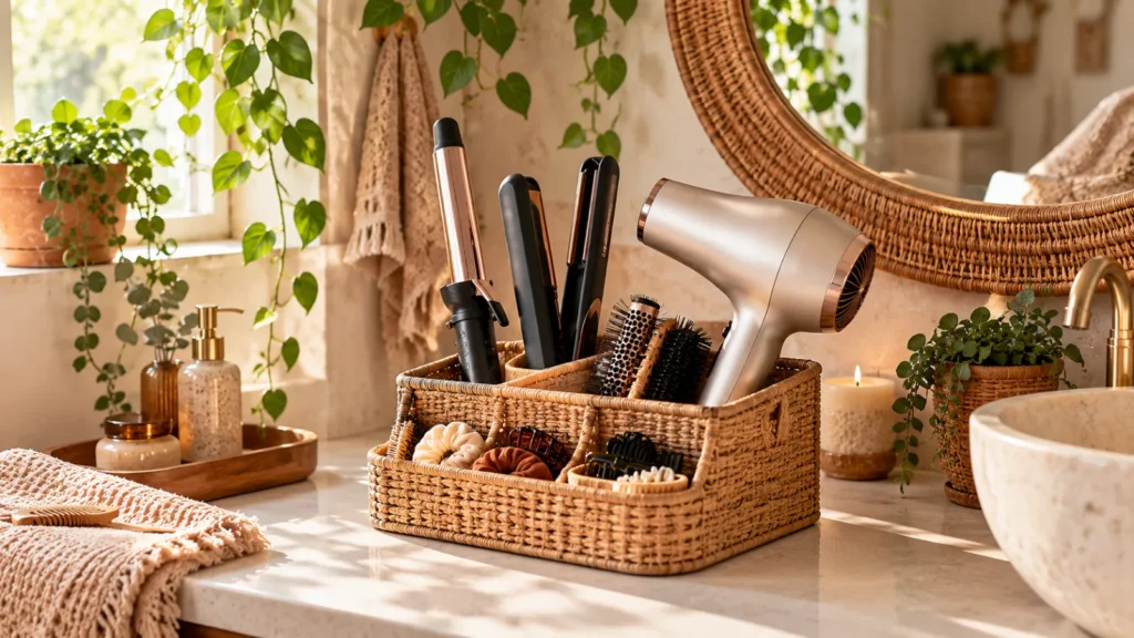Aesthetic boho bathroom vanity with hair tools in a decorative organizer
