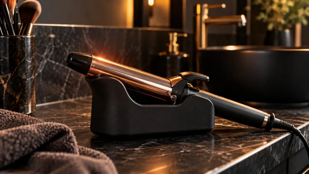 Hot curling iron resting in a heat-resistant holder on a bathroom counter