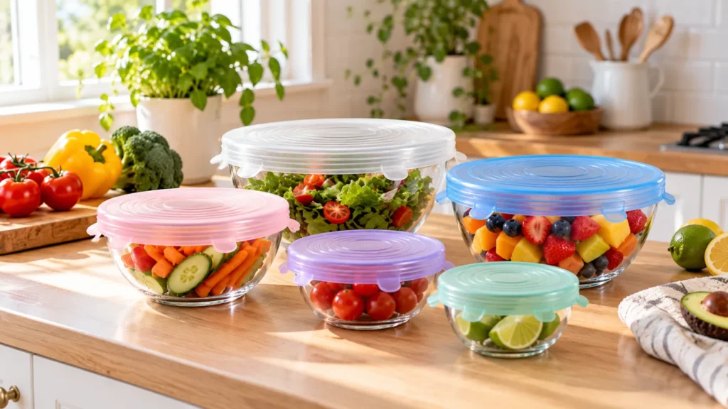 Colorful food-grade silicone stretch lids on glass bowls in a bright kitchen
