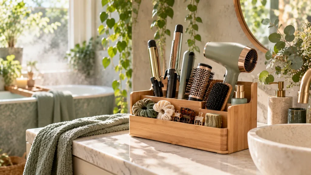 Bamboo hair tool organizer on a bright bathroom vanity near a window