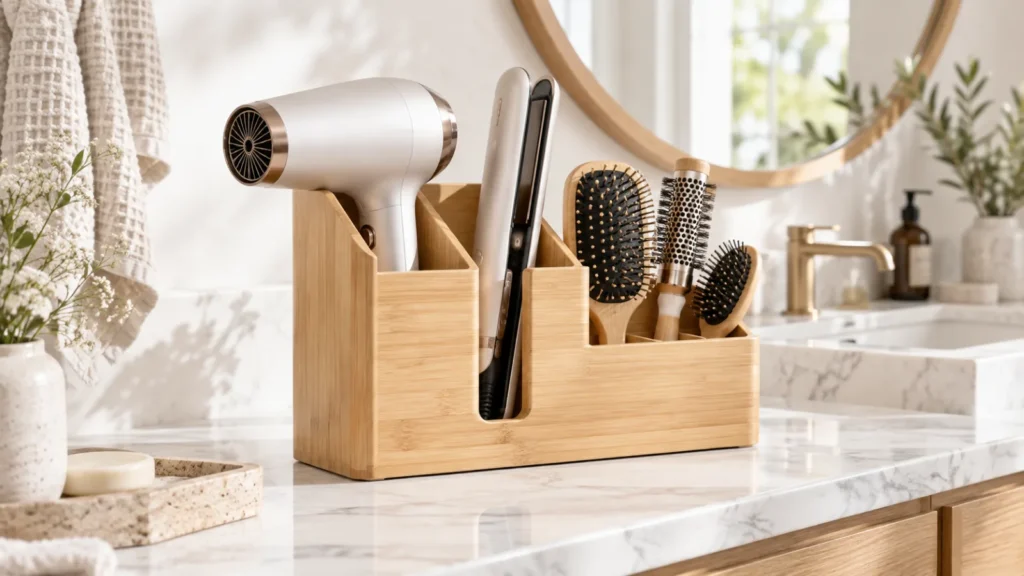 Elegant bamboo hair tool organizer on a bright marble vanity
