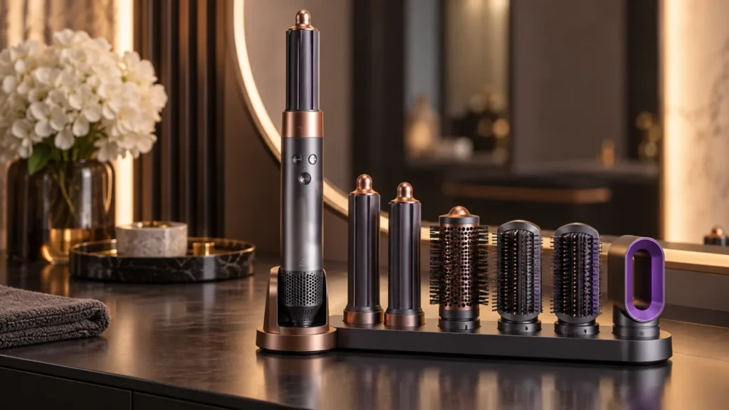 Dyson-style hair styler displayed on a sleek stand on a modern vanity