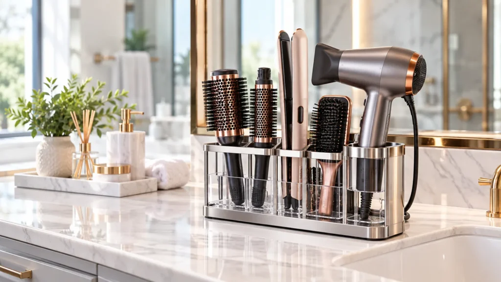 Sleek hair tool organizer holding styling tools on a modern bathroom countertop