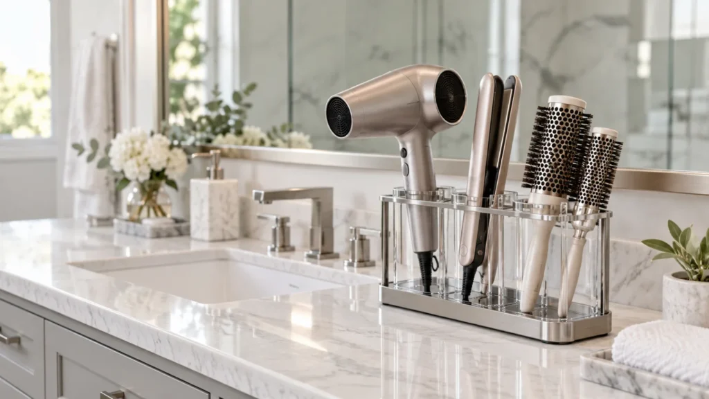 No-drill hair tool organizer mounted inside a bathroom cabinet door