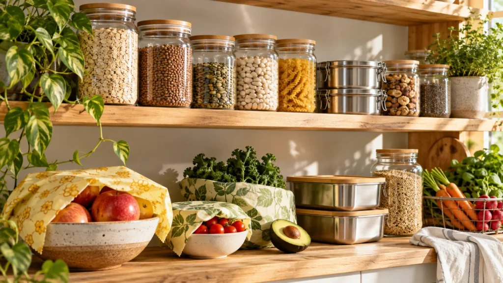 Plastic-free food storage with glass jars and stainless steel containers on a kitchen shelf