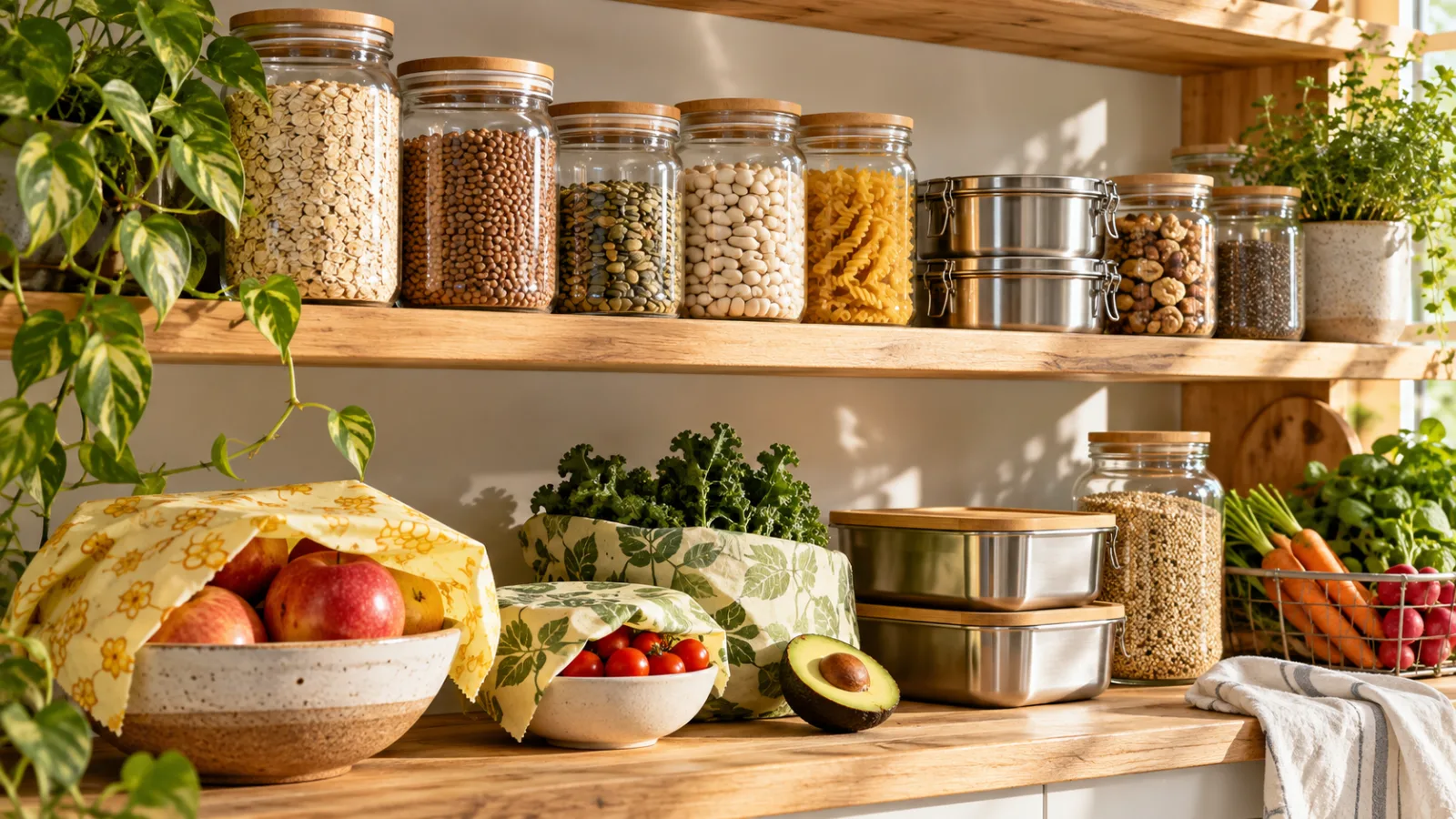 Plastic-free food storage with glass jars and stainless steel containers on a kitchen shelf