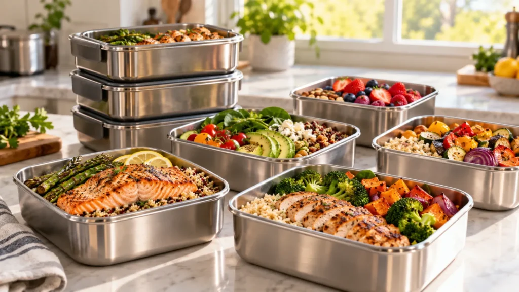 Stack of stainless steel meal prep containers with healthy prepped meals