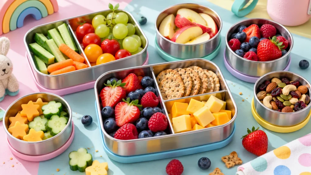 Kid-friendly stainless steel snack containers with colorful healthy snacks