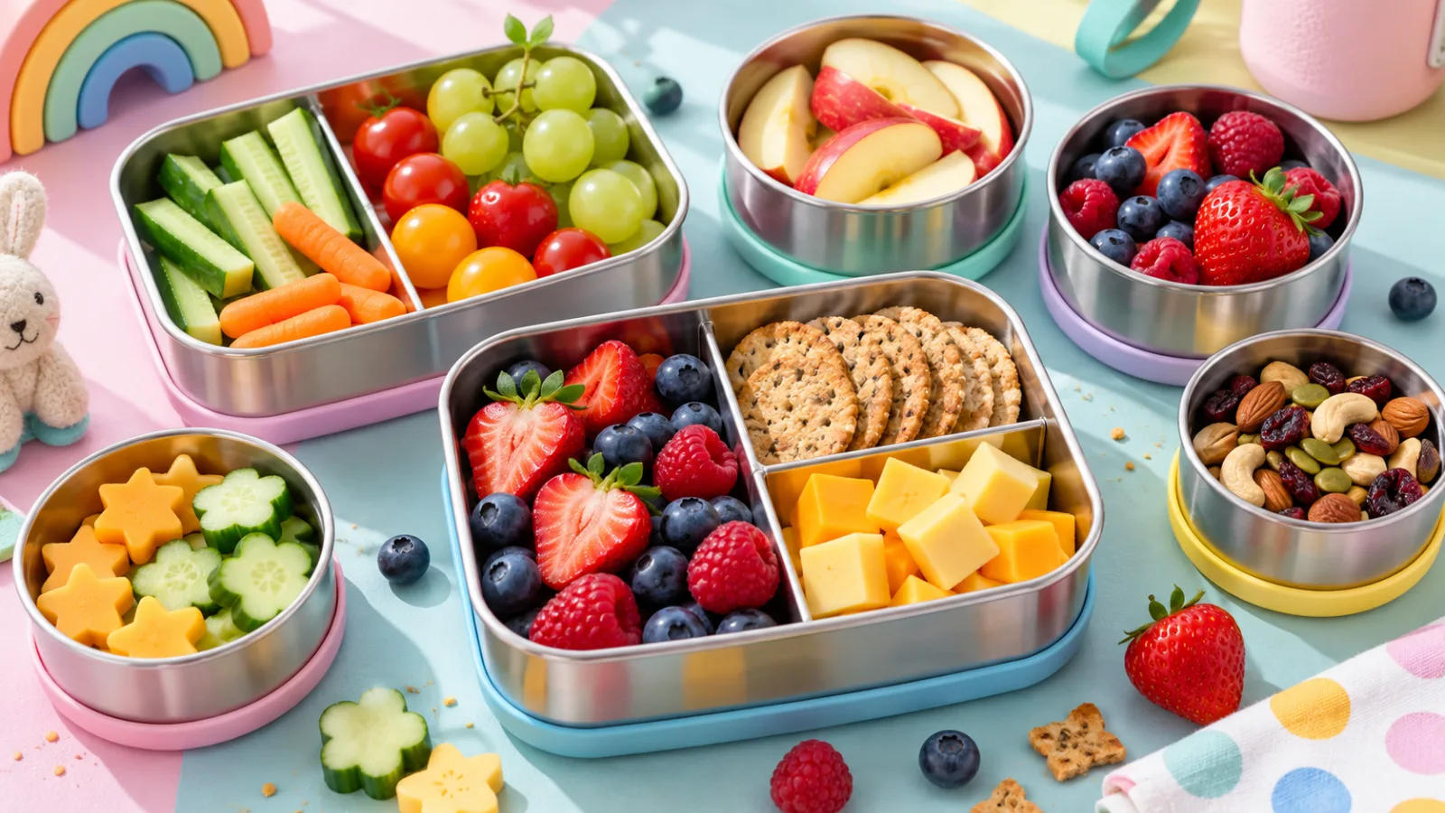 Kid-friendly stainless steel snack containers with colorful healthy snacks