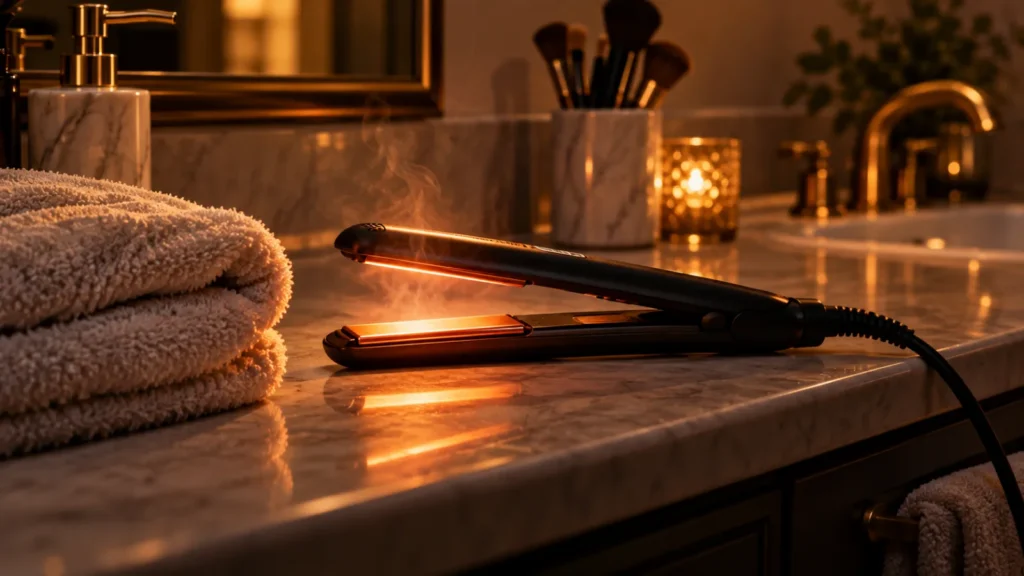 A hair straightener left on unattended near a towel showing a fire safety hazard