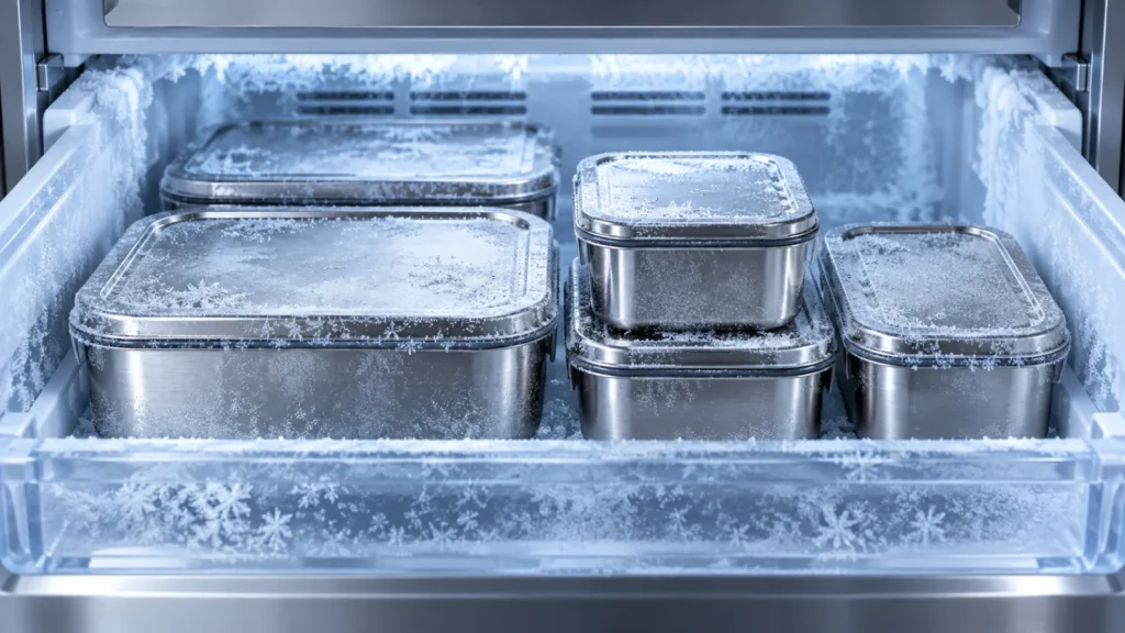 Stainless steel food containers in a frosty freezer drawer
