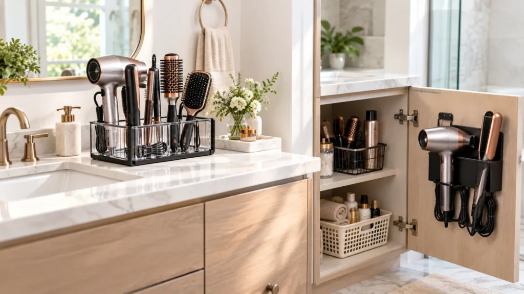 Hair tools shown both on a countertop organizer and stored inside a cabinet