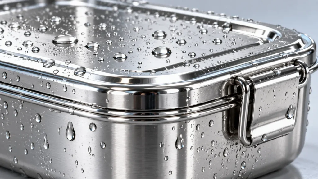 Pristine rust-free stainless steel container with water droplets