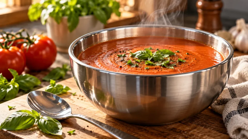 Stainless steel bowl of hot soup showing safe food contact