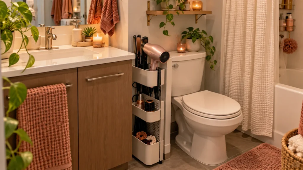 Compact space-saving hair tool storage in a small dorm bathroom