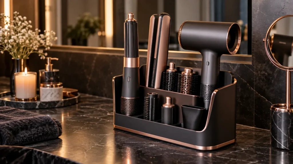 Premium cordless hair styling tools stored together in an elegant organizer