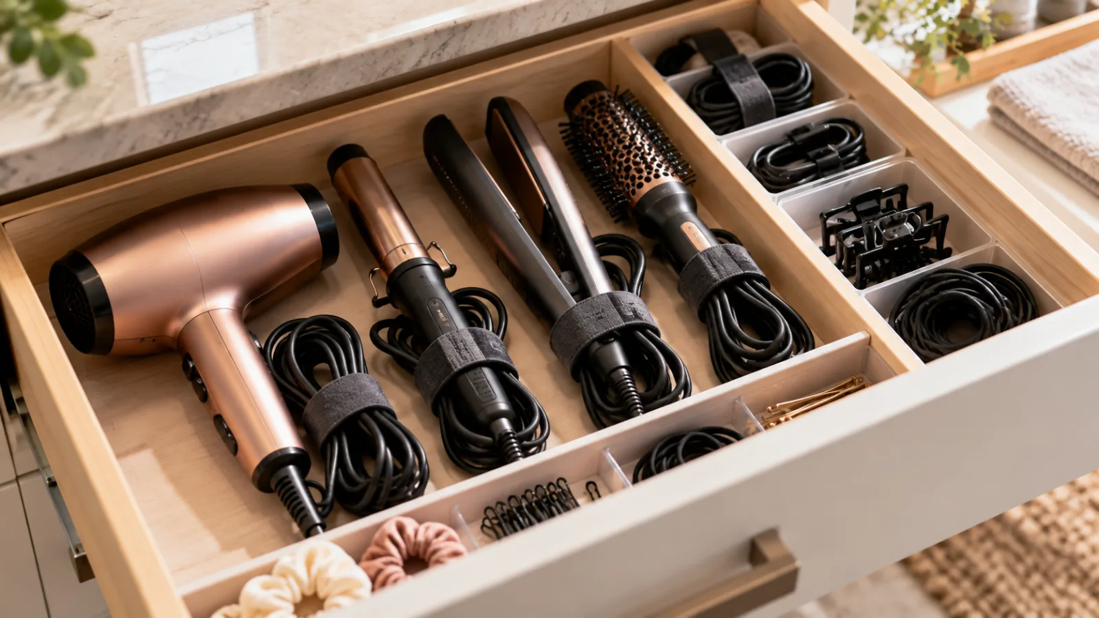 Hair tool cords neatly coiled and organized in a drawer