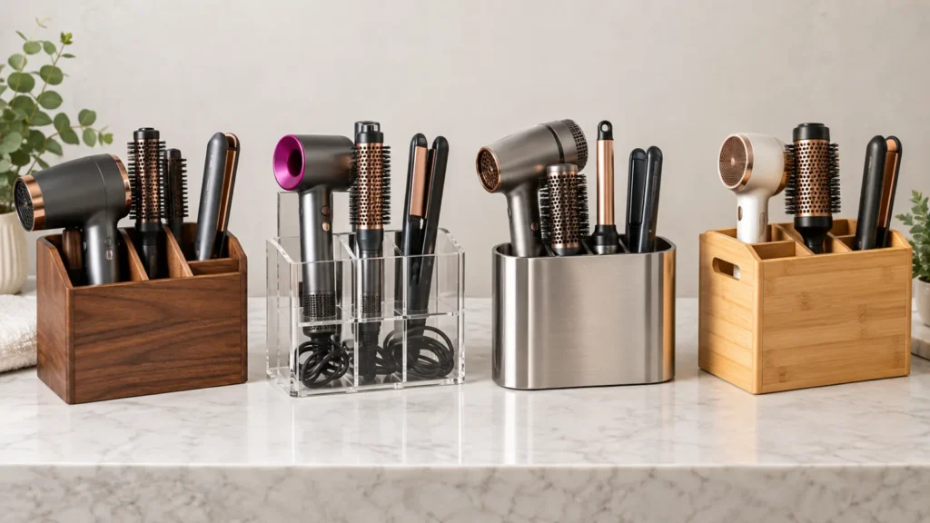 Hair tool organizers in wood, acrylic, metal and bamboo compared side by side