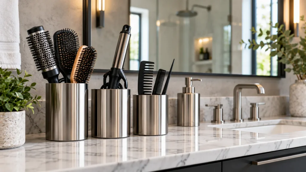 Stainless steel cups used as hair tool holders on a vanity
