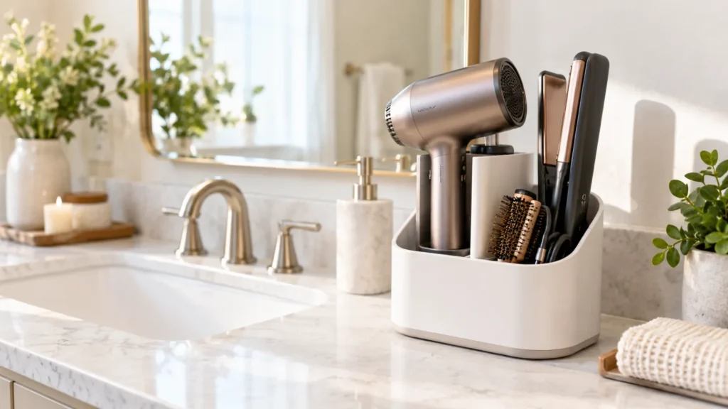 Freestanding hair tool storage that does not damage walls