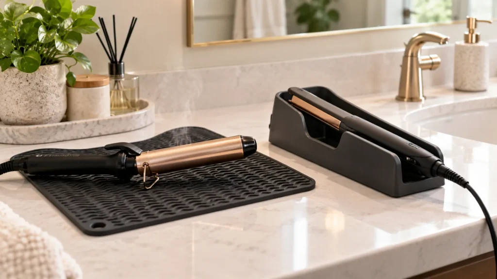 Heat-resistant holder and heat mat compared for hot styling tools