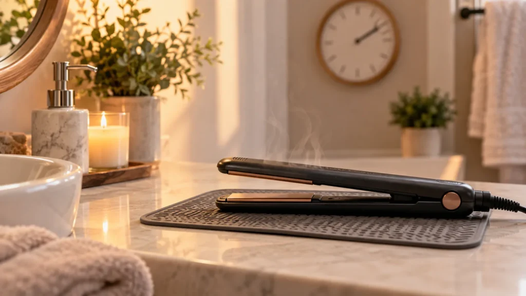 A hot flat iron cooling on a heat-resistant mat before storing