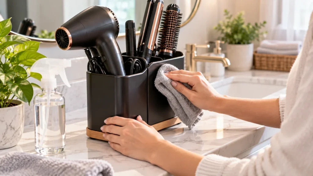 Hands cleaning a hair tool organizer with a cloth