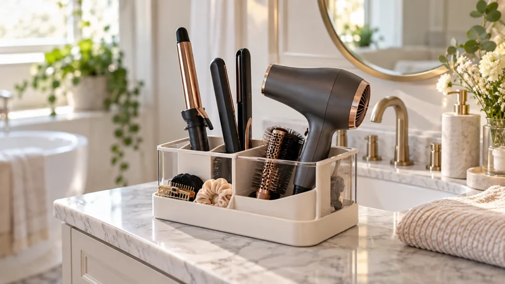 How to organize hair tools on a tidy bathroom vanity