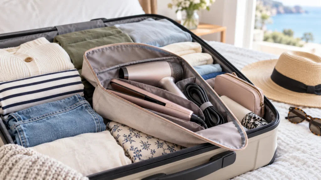 Hair tools packed in a travel pouch inside a suitcase
