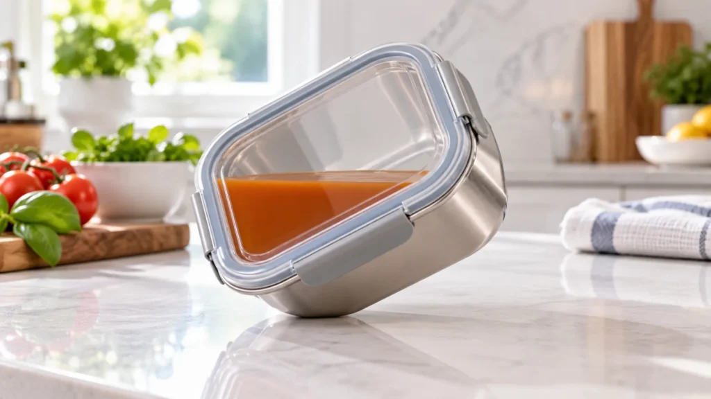 Stainless steel container with a leak-proof lid holding liquid