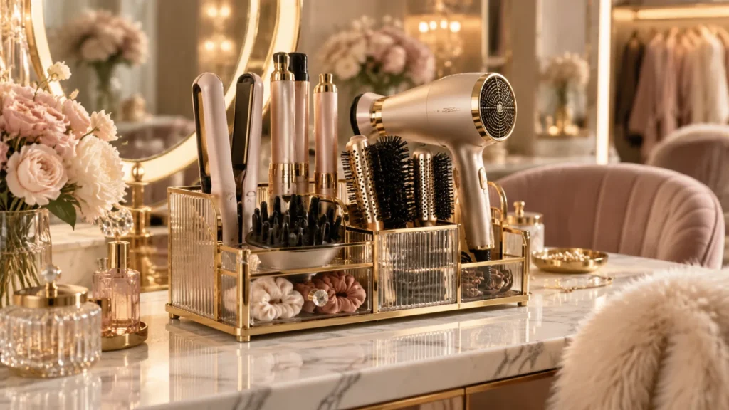 Luxurious hair tool organizer in gold and glass on a glam vanity
