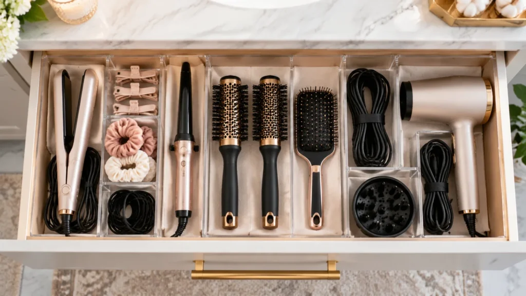 Hair tools organized in a drawer with dividers