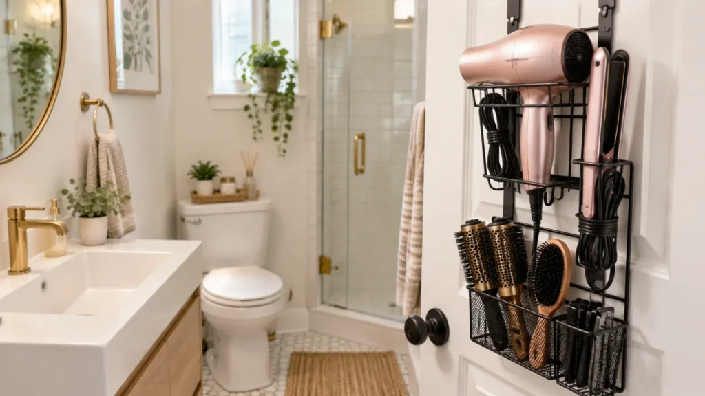 Vertical hair tool storage solution for a bathroom with no counter space