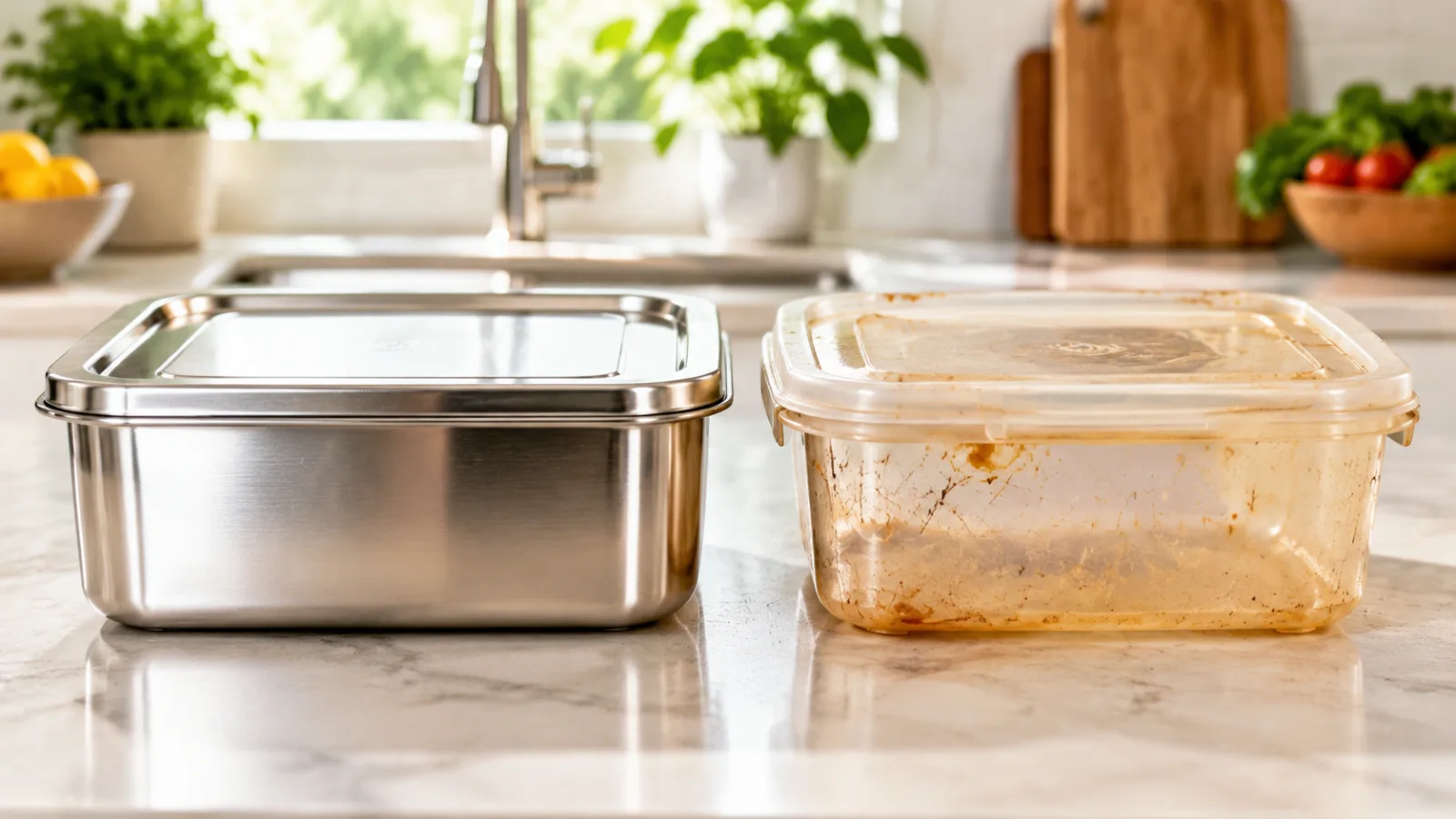 Stainless steel container compared with a worn plastic container