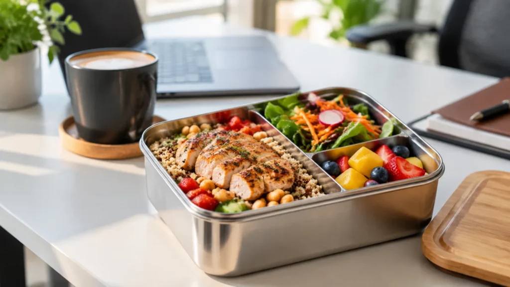 Stainless steel bento lunch container with an adult healthy lunch