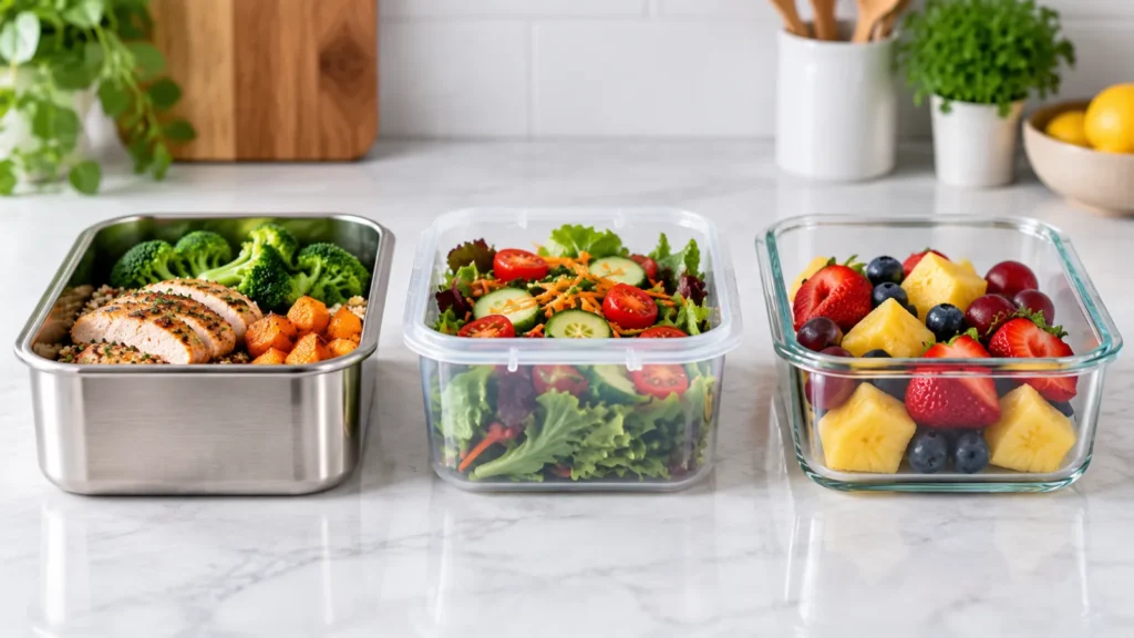 Stainless steel, plastic and glass food containers compared side by side