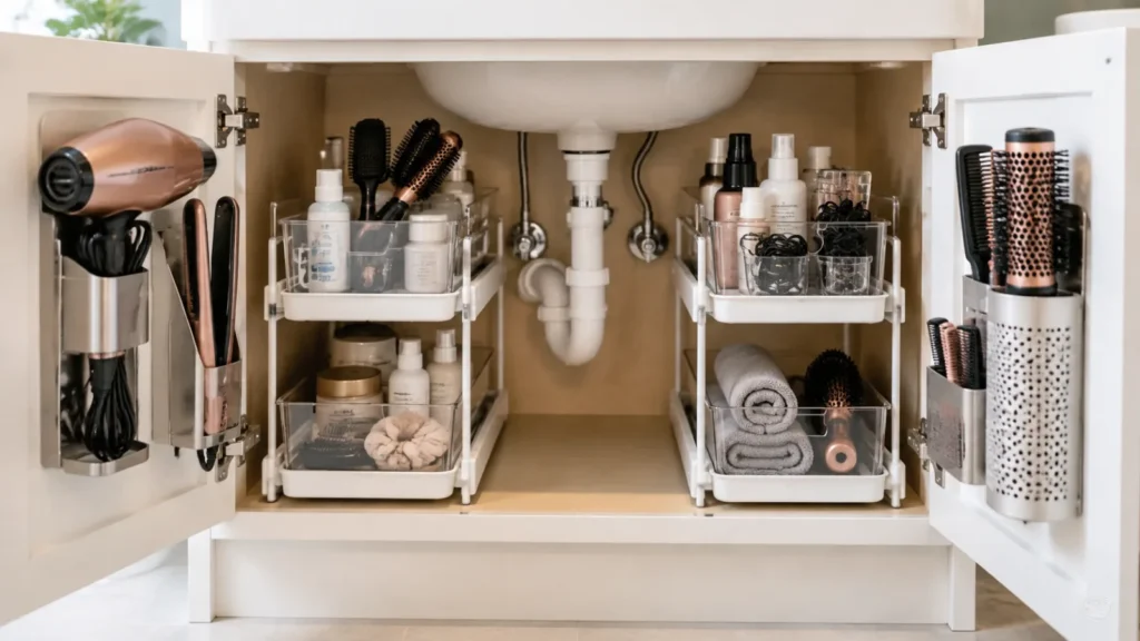 Hair tools organized in an under-sink bathroom cabinet