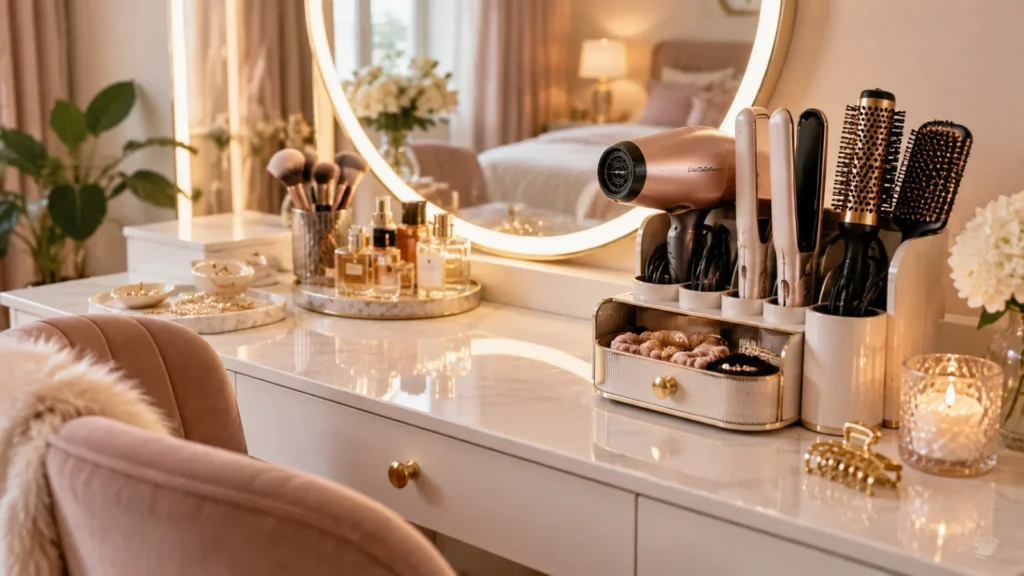 Elegant vanity with a stylish hair tool organizer