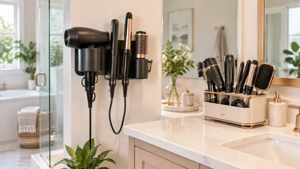 Wall-mounted and countertop hair tool organizers compared